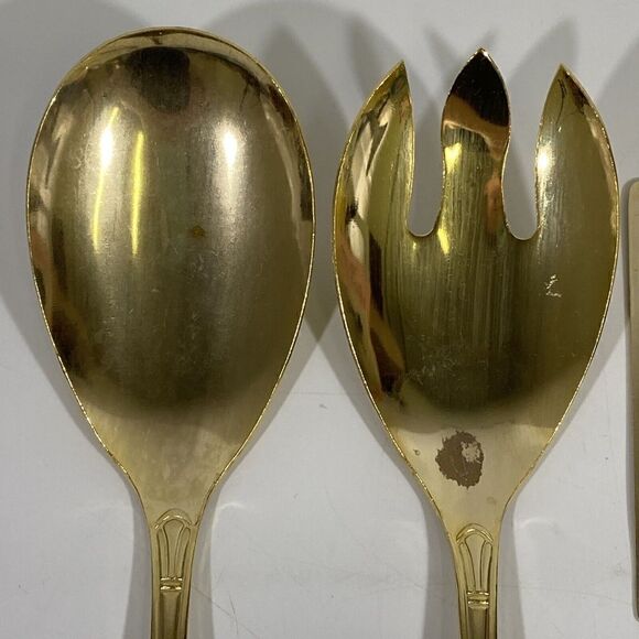 Vintage Hampton Silversmiths Gold Serving Silverware Set Salad Spoons Spatula - Picture 3 of 9
